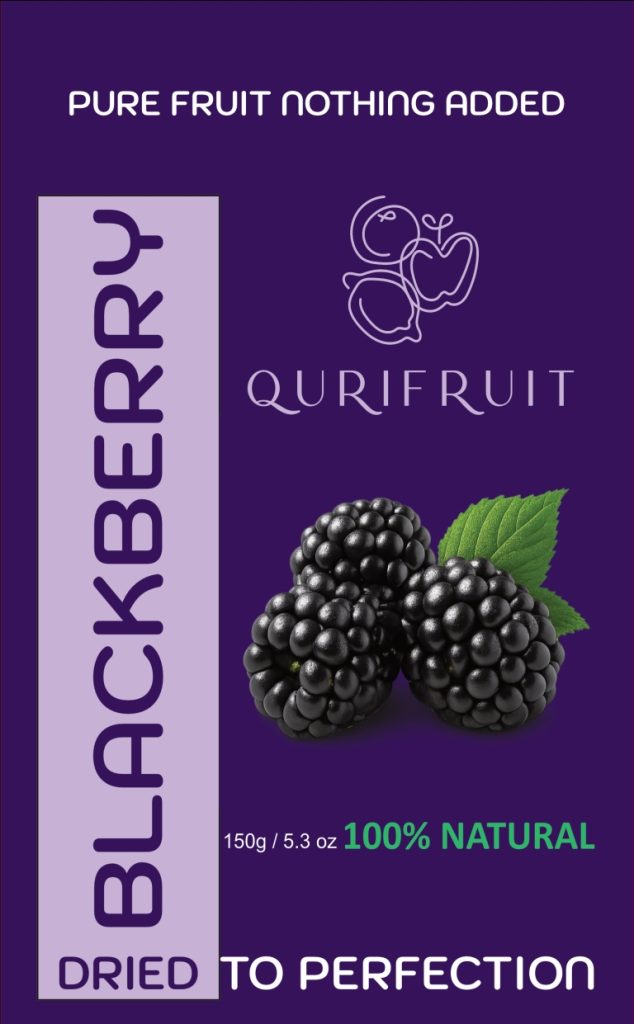 Dehydrated Blackberries presented in a pouch, highlighting natural superfood qualities and clean packaging design.