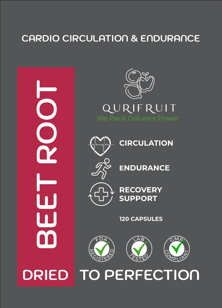 Product Beet Root Beet Root powder pouch front emphasizing cardio circulation and endurance benefits.