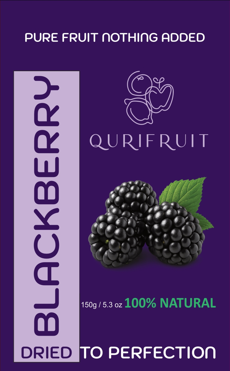Product Blackberry Dehydrated Blackberries presented in a pouch, highlighting natural superfood qualities and clean packaging design.