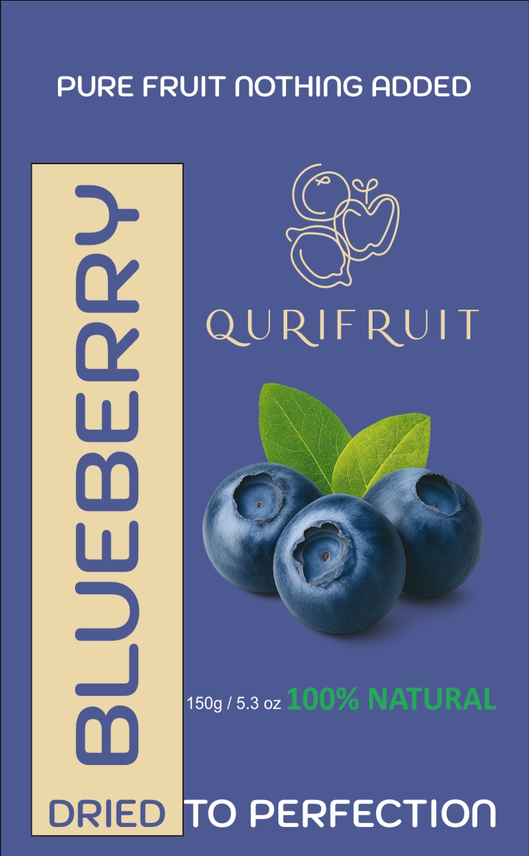 Product Blueberry Dehydrated Blueberries presented in a pouch, highlighting natural superfood qualities and clean packaging design.