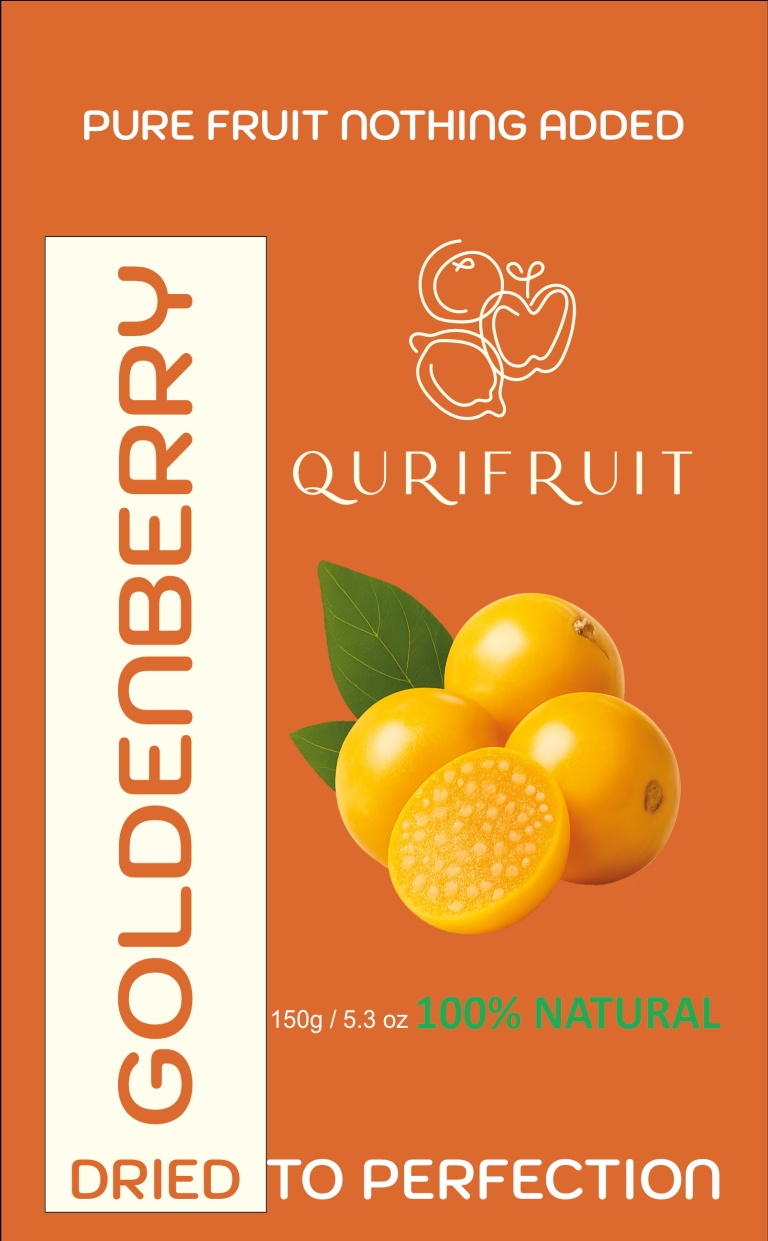 Product Goldenberry Dehydrated Goldenberries presented in a pouch, highlighting natural superfood qualities and clean packaging design.