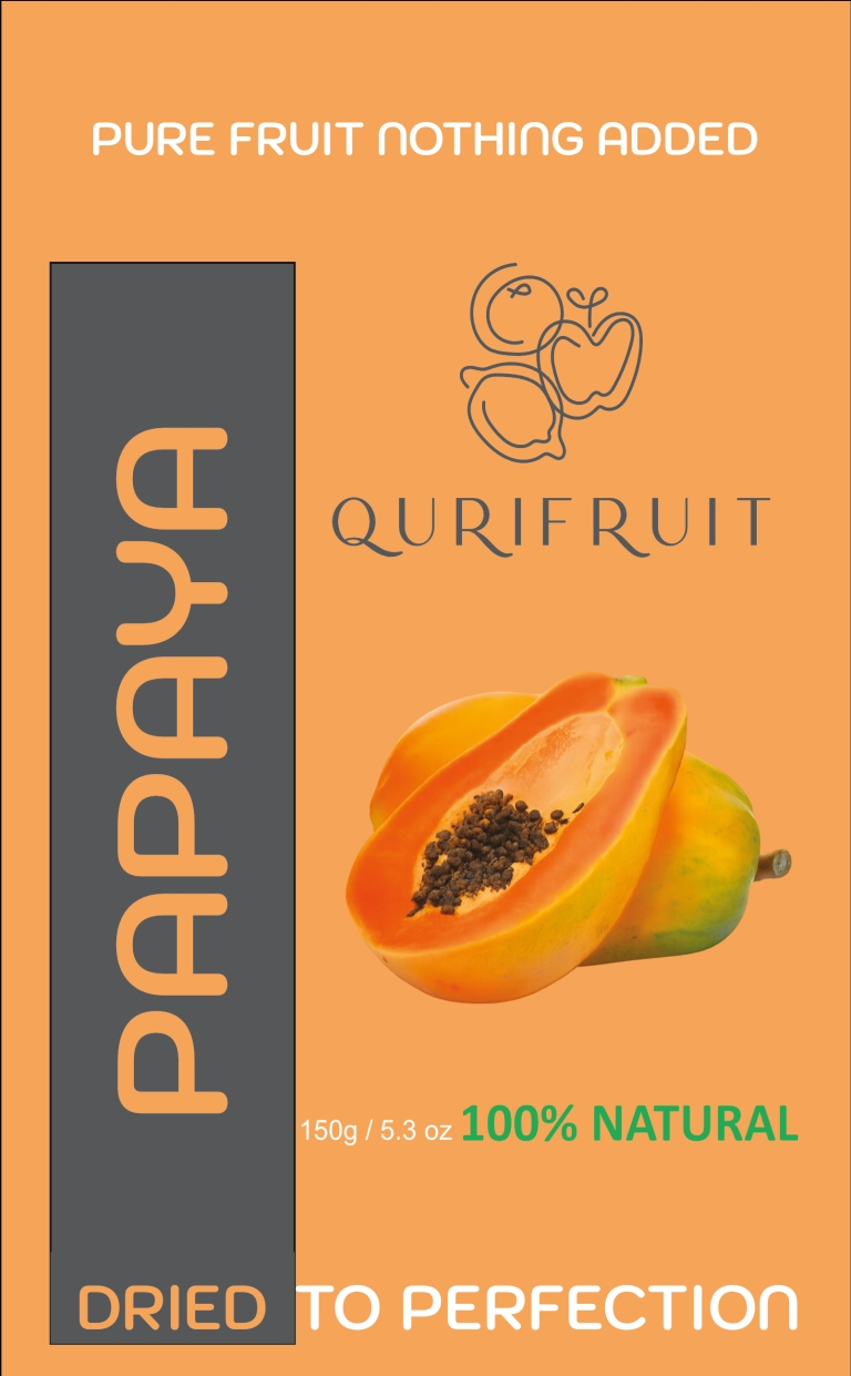 Product Papaya Dehydrated Papaya presented in a pouch, highlighting natural superfood qualities and clean packaging design.
