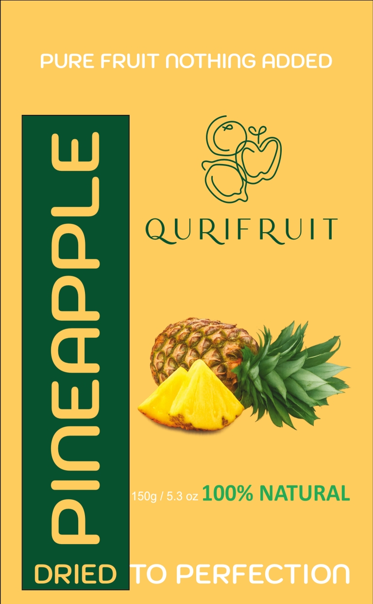 Product Pineapple Dehydrated Pineapple presented in a pouch, highlighting natural superfood qualities and clean packaging design.