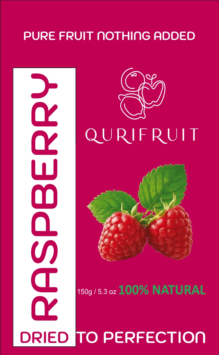 Dehydrated Raspberries presented in a pouch, highlighting natural superfood qualities and clean packaging design.