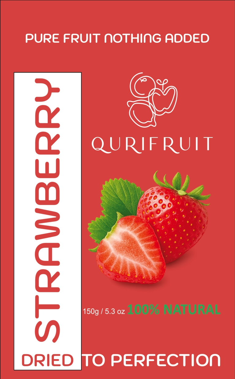 Dehydrated Strawberries presented in a pouch, highlighting natural superfood qualities and clean packaging design.